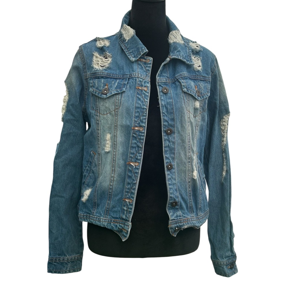 Blue Age Jeans USA Distressed Denim Jacket Medium Wash Shredded JK-4002 Womens S